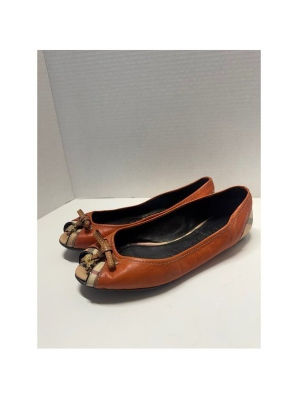 Burberry Orange Leather Nova Check Peep Toe Ballet Flats Bow Charms Size 37 7